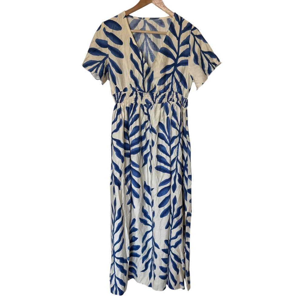SHEIN Maxi Dress Womens Medium Blue Cream‎ Excellent Leaf Print Smocked Boho
